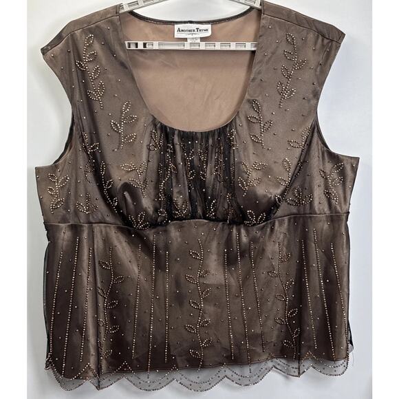 Another Thyme Tops - Another Thyme 5X Brown Beaded Mesh Babydoll Tank Top Y2K Evening Party Plus Size
